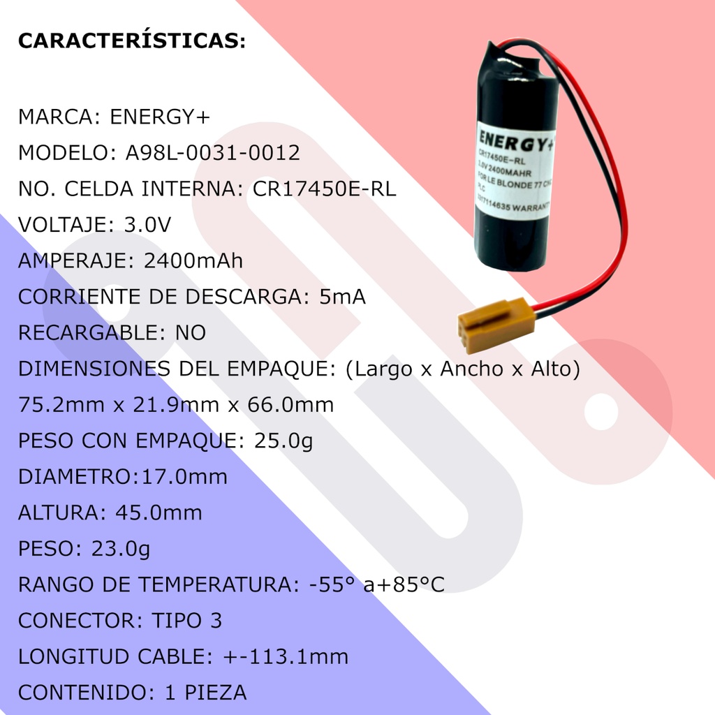 Pila Batería ENERGY+ CR17450E-RL Mod:A98L-0031-0012 3.0V 2400mAh Conector Marrón