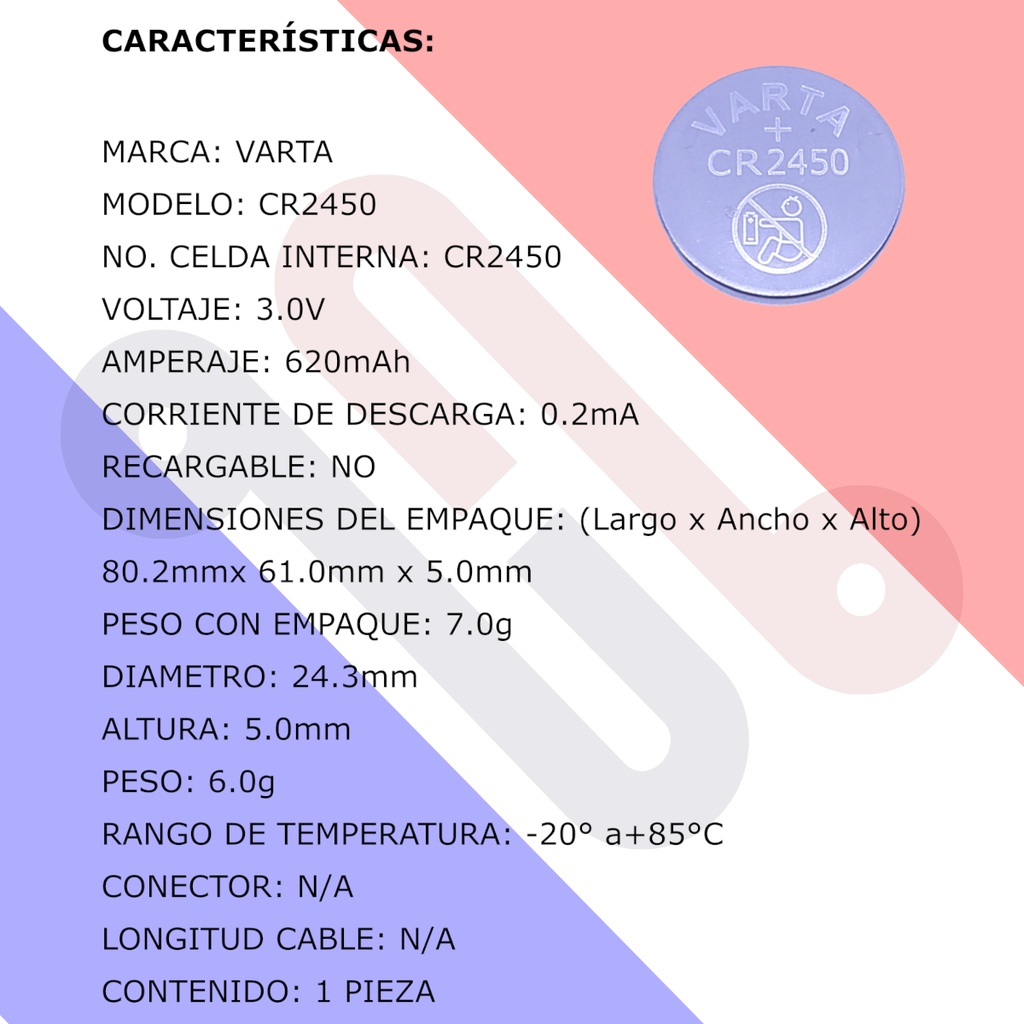 Pila Batería Varta Cr2450 3.0V Tipo Botón