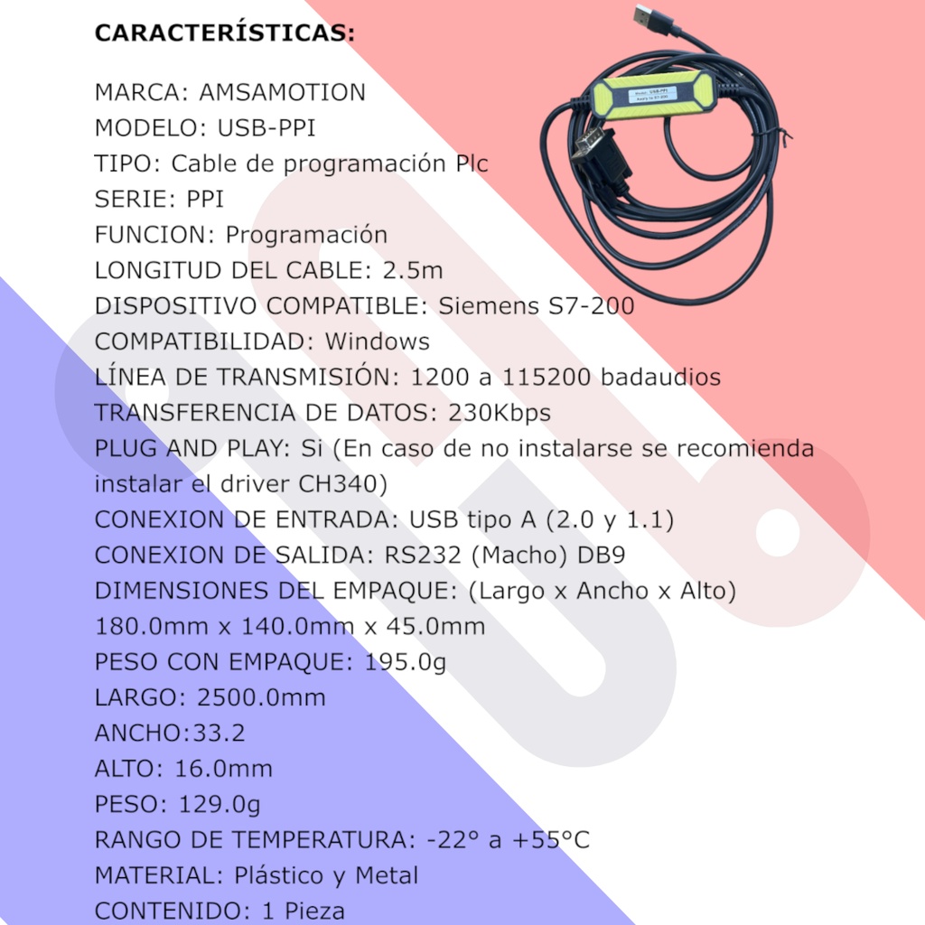 Cable de Programación USB-PPI AMSAMOTION Negro de 2.5mPara Siemens S7-200