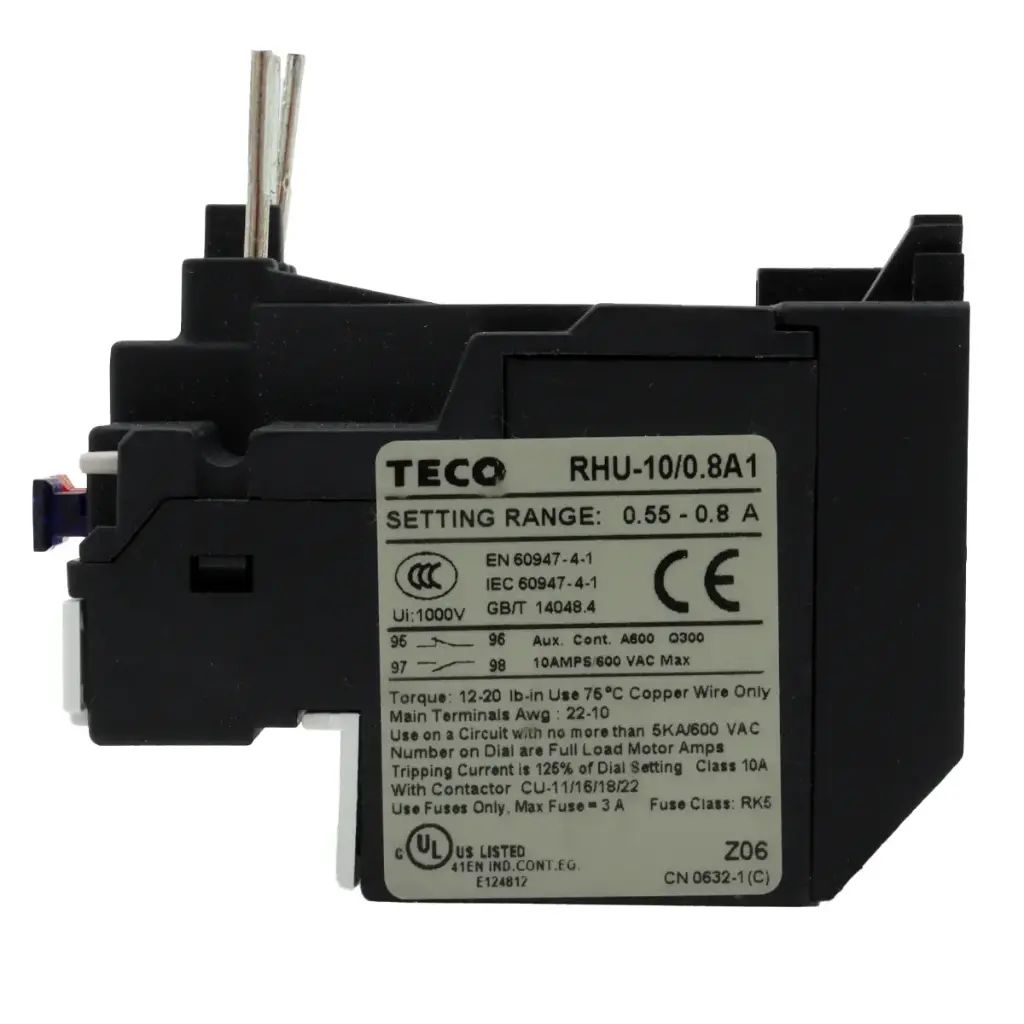 Relevador Relay Relé TECO RHU-10/0.8A1 Sobrecarga de Temperatura 0.55A - 0.8A