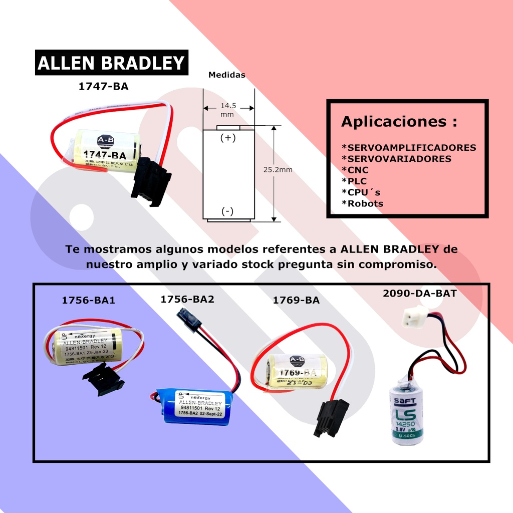 Pila Batería Allen Bradley Bulletin 1747-BA LOGIX5000 14250 CR14250SE-R Conector Negro w