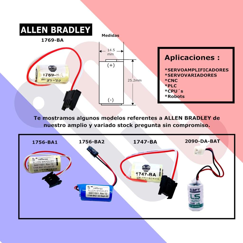 Pila Batería Allen Bradley Bulletin 1769-BA 14250 CR14250SE-R 3V 850mAh Conector Negro W LOGIX5000
