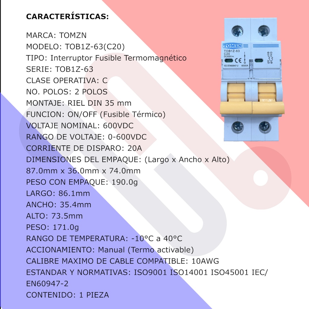 Interruptor Termomagnético TOB1Z-63(C20) 600V DC 20A Solar Fotovoltaico