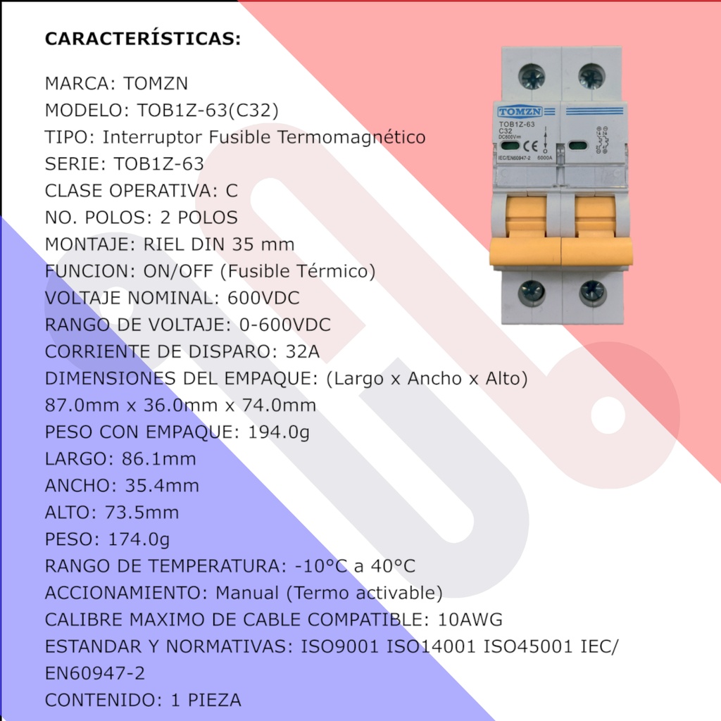 Interruptor Termomagnético TOB1Z-63(C32) 600V DC 32A Solar Fotovoltaico