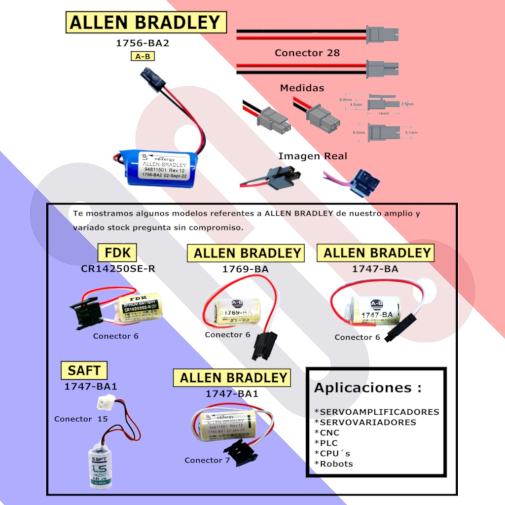 Pila Batería Allen Bradley Bulletin 1756-BA2 3V 1200mAh Conector Negro.