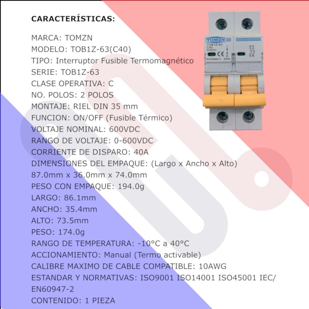 Interruptor Termomagnético TOB1Z-63(C40) 600V DC 40A Solar Fotovoltaico