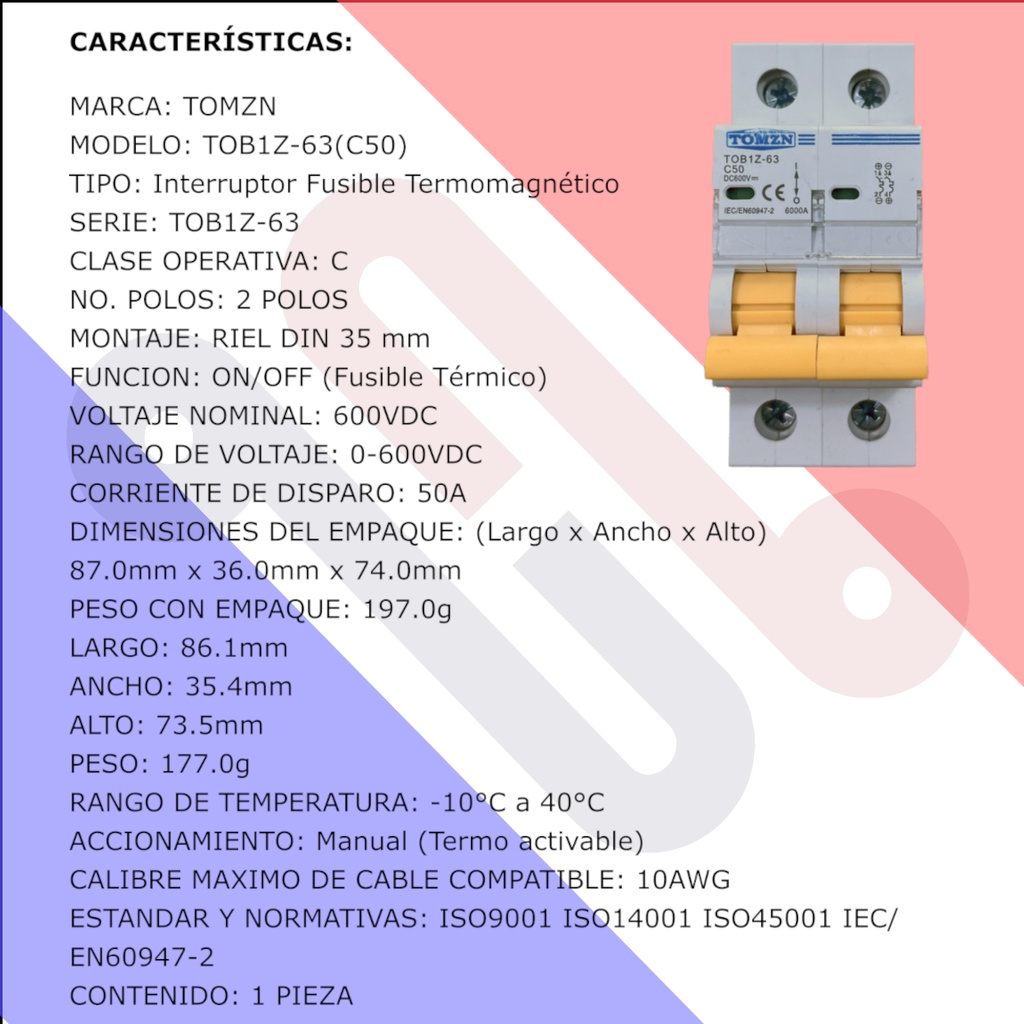 Interruptor Termomagnético TOB1Z-63(C50) 600V DC 50A Solar Fotovoltaico