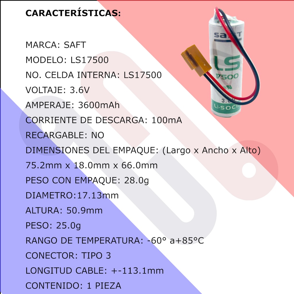 Pila Batería Saft 17500 LS17500 3.6V 3600mAh Conector Marrón Grande