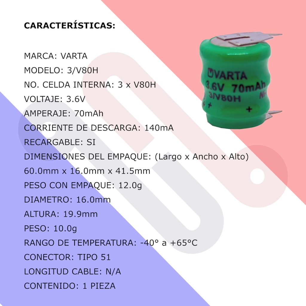 Pila Batería Varta 3/V80H 3.6v 70mAh Con Pines Recargable