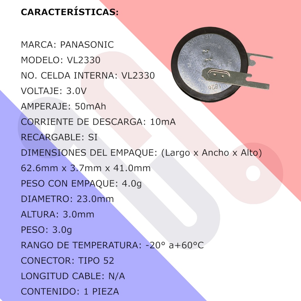 Pila Batería Panasonic VL2330 3v Dos Pines