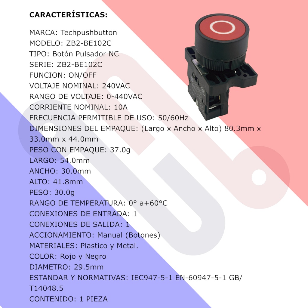 Botón Pulsador Push Button ZB2-BE102C NC  240V 10A Rojo