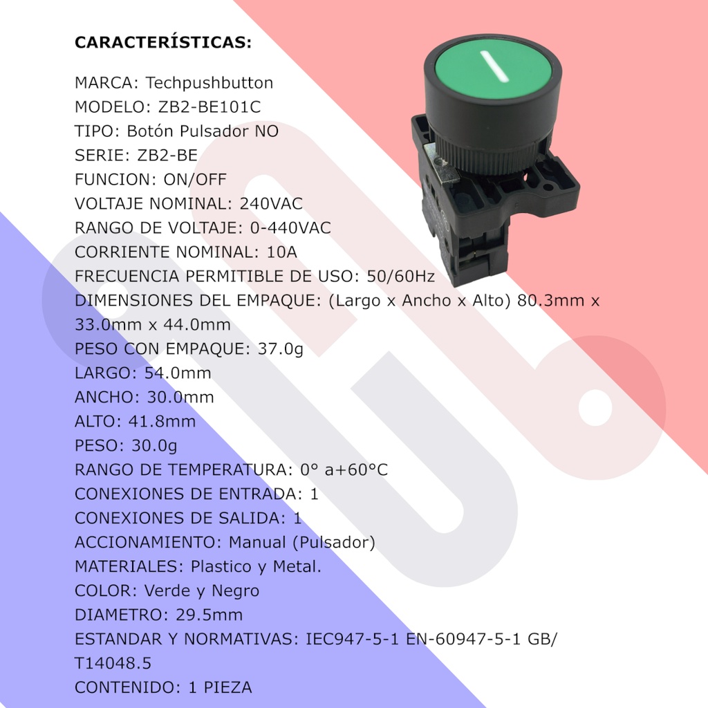 Botón Pulsador Push Button ZB2-BE101C NO  240V 10A Verde