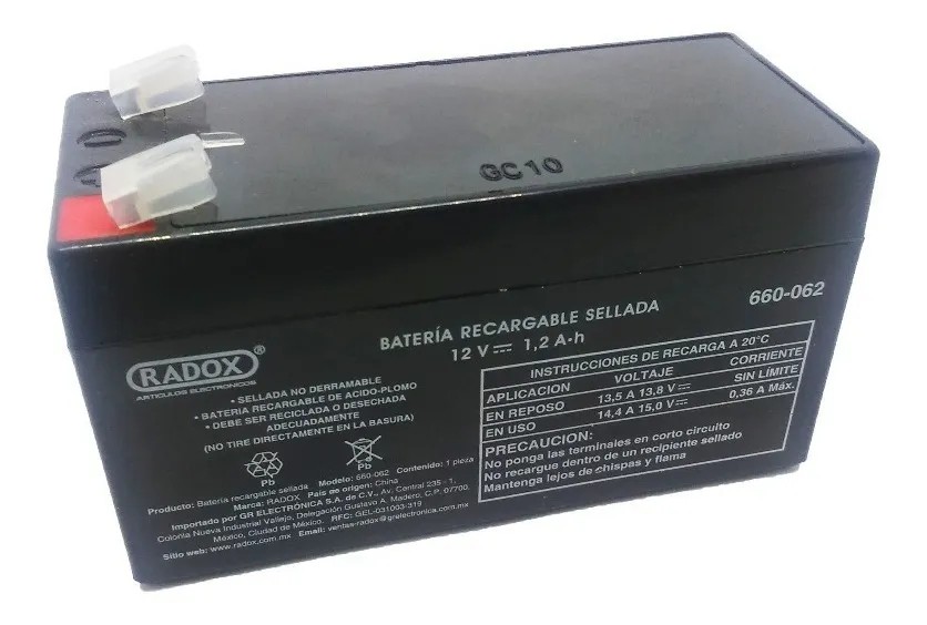 Pila Batería Radox 12V 1.2Ah Recargable Sellada De Ácido - Plomo