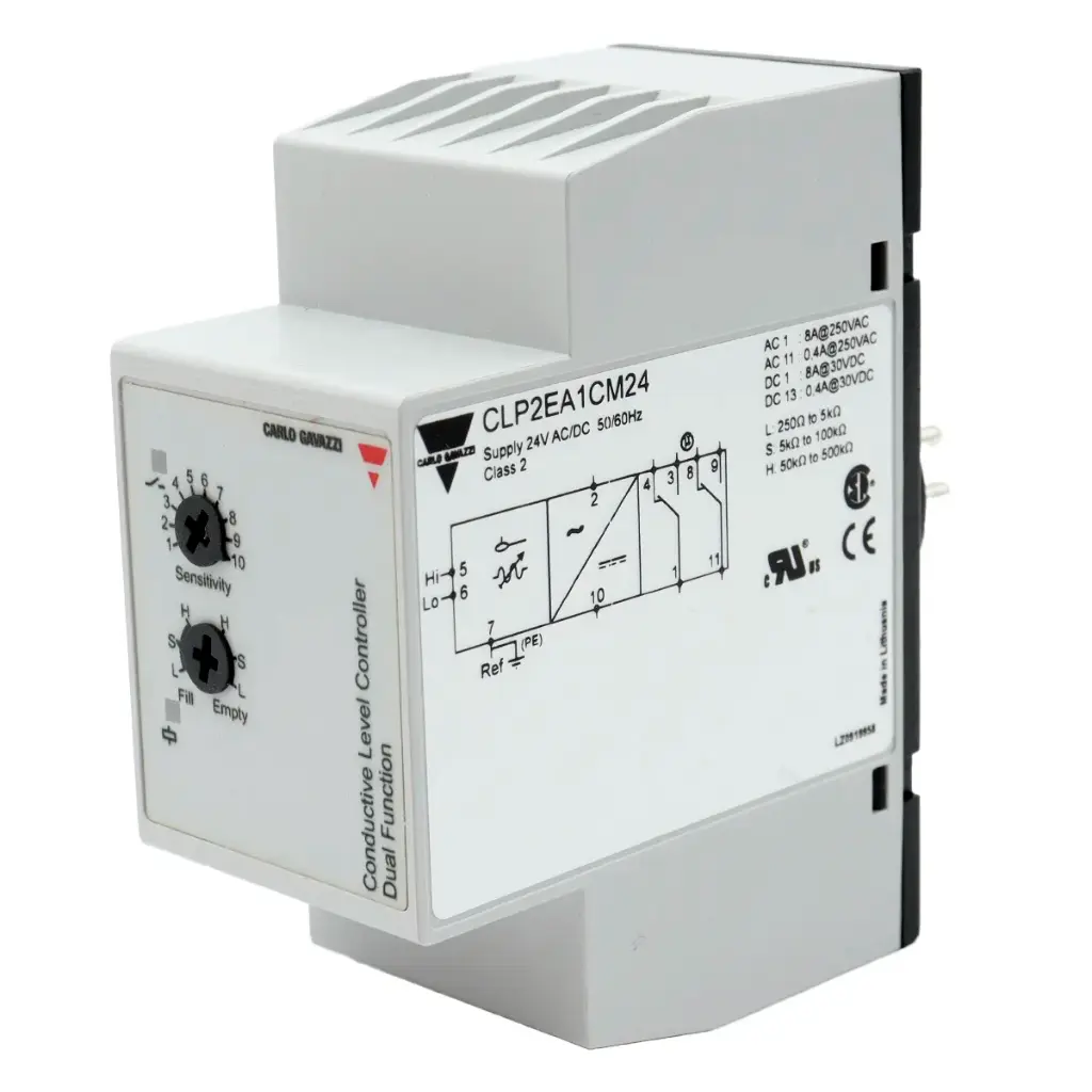 Controlador de Nivel 2 Puntos Carlo Gavazzi CLP2EA1CM24 250Ohm - 500kOhm 24V AC/DC Llenado/Vaciado