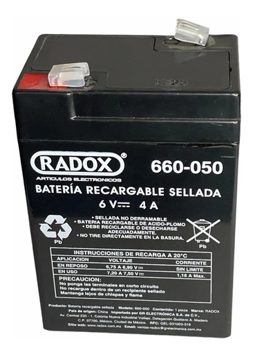 [2243] Pila Batería Radox 6V 4A Recargable Sellada De Ácido - Plomo